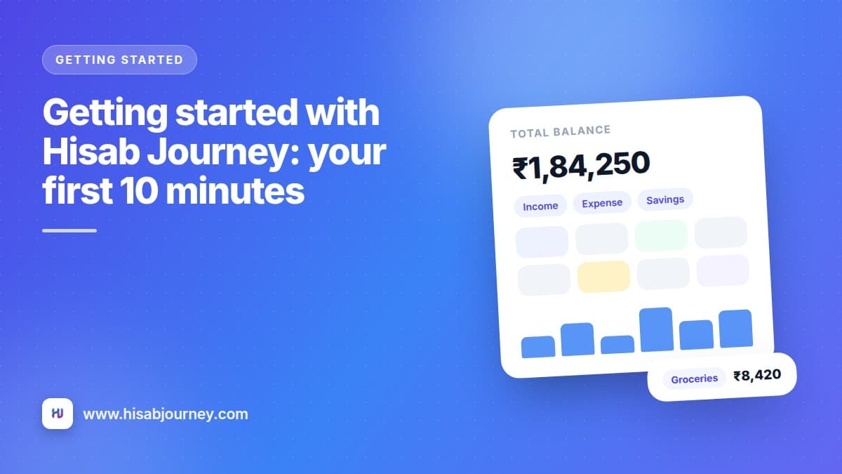 Illustration of the Hisab Journey balance card showing a total balance, quick links and a spending bar chart