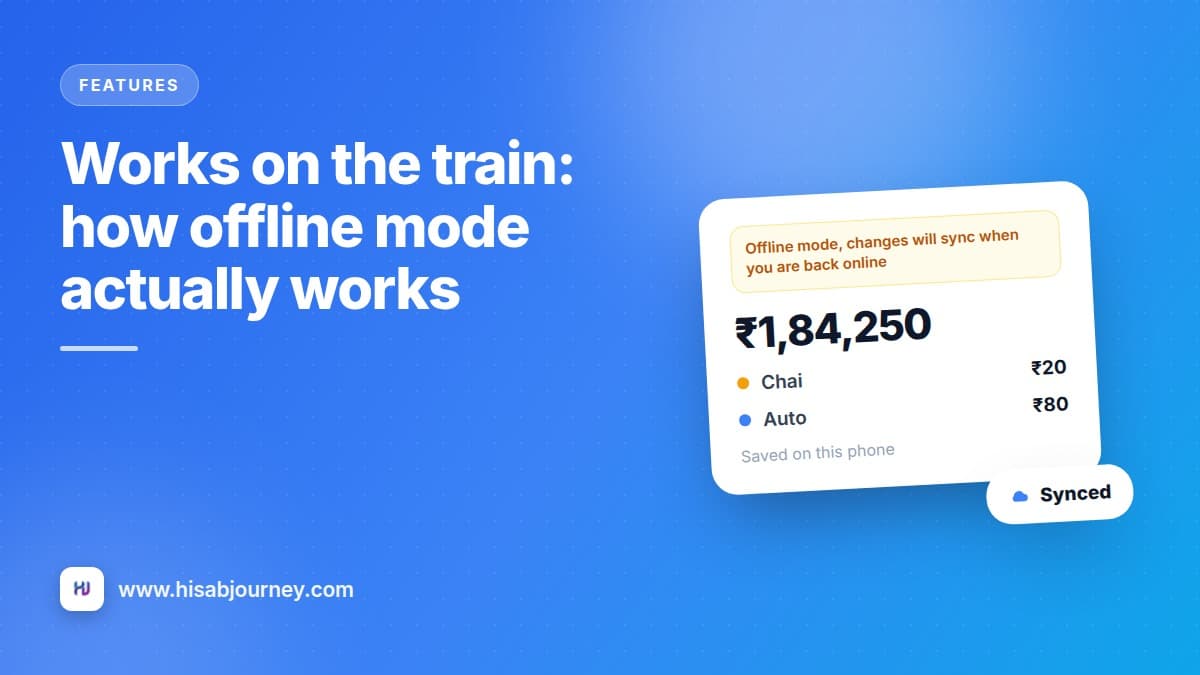 Illustration of the offline mode banner above a balance and two expenses saved on the phone