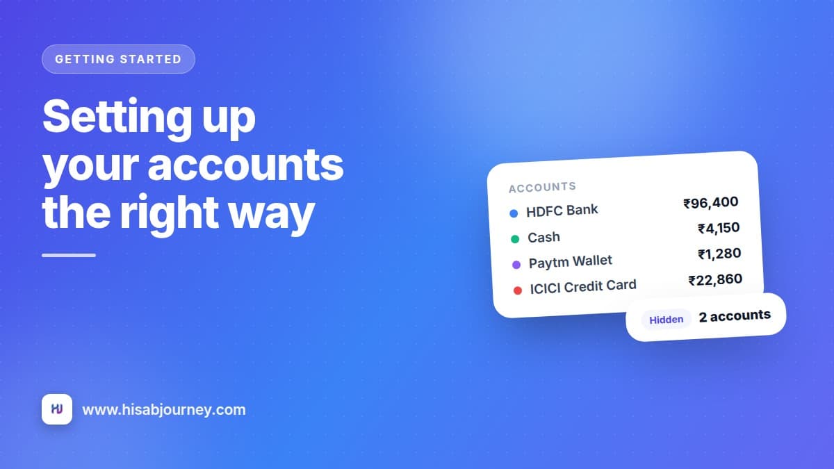 Illustration of a Hisab Journey account list with bank, cash, wallet and credit card balances